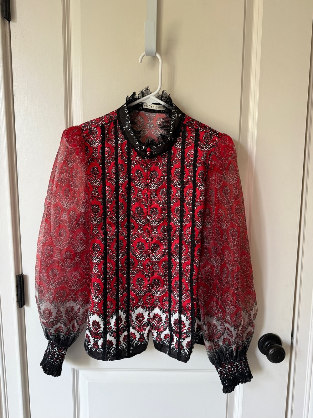 Alice + Olivia Red Printed Sheer Blouse with Black Trim